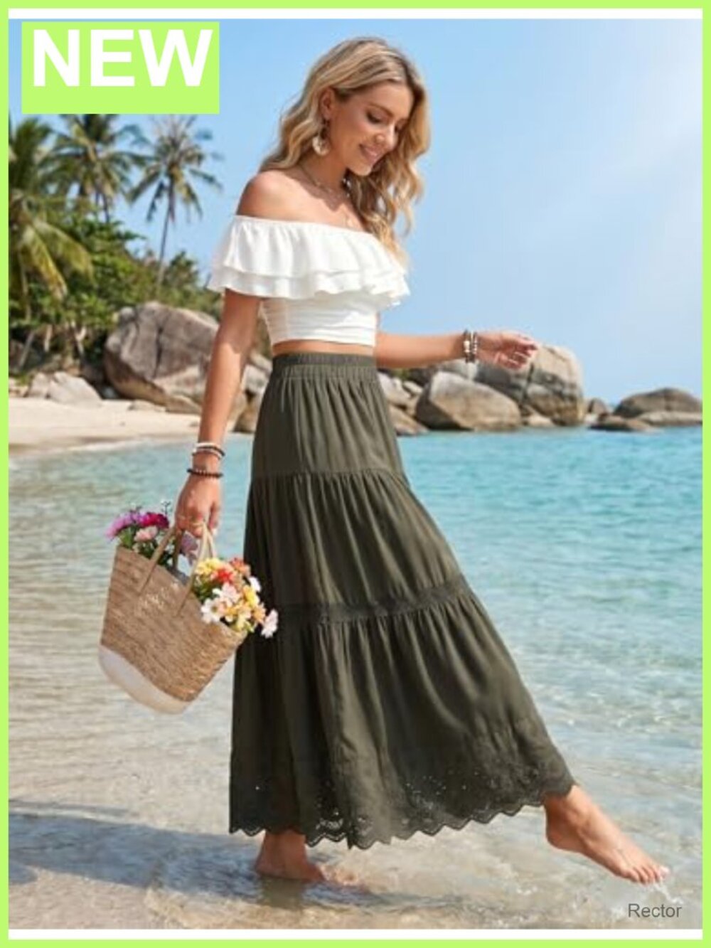 Boho Tiered Maxi Skirt Elastic High Waist A-Line Lace Eyelet Long Summer - Picture 2 of 6